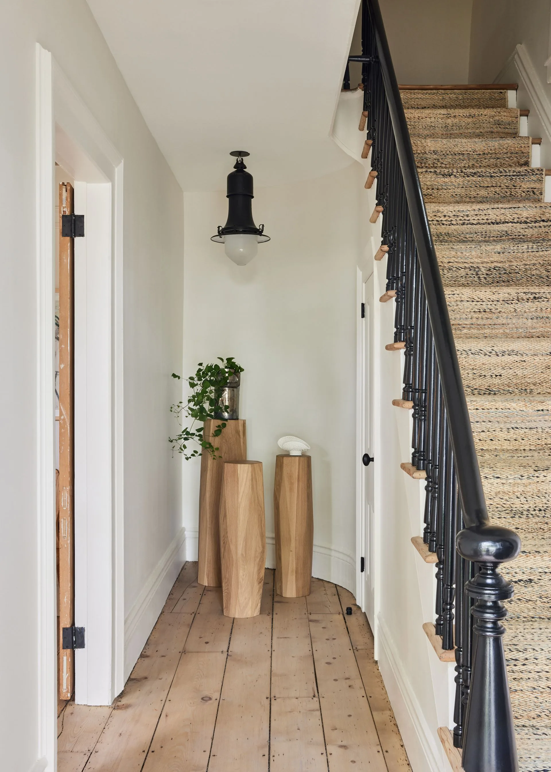 Bright narrow entry hall with clear floor space, simple wood pedestals, and one plant