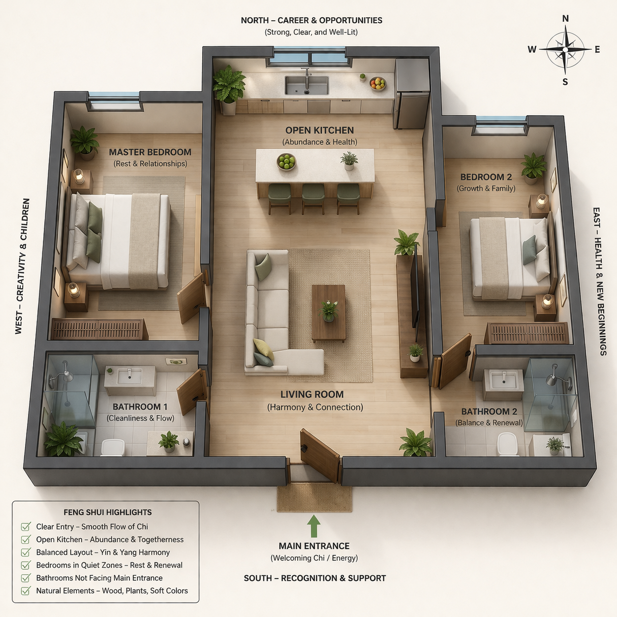 Three-dimensional apartment floor plan with a readable entrance, central living room, open kitchen, and quieter bedrooms