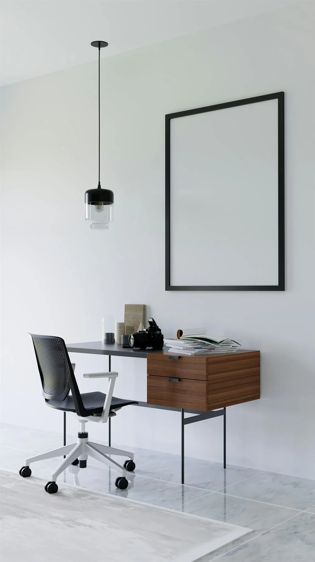 Minimal desk with walnut drawers, black frame, pendant light, and pale wall