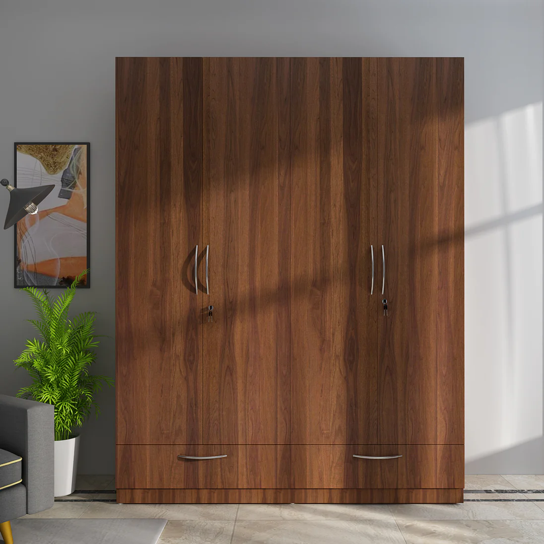 Large walnut wardrobe with simple doors and lower drawers against a gray wall