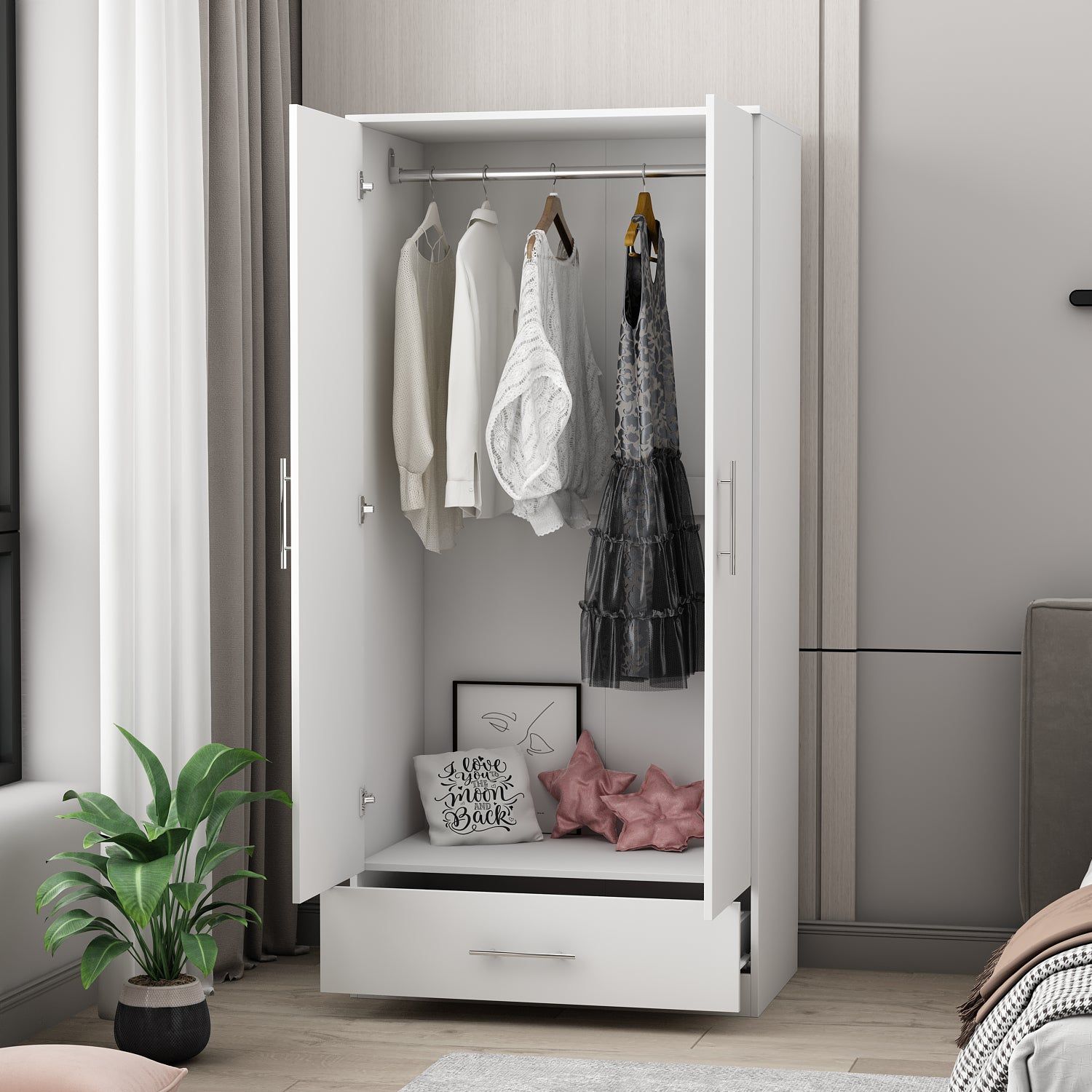 Compact white wardrobe with open doors, visible hanging clothes, and one lower drawer