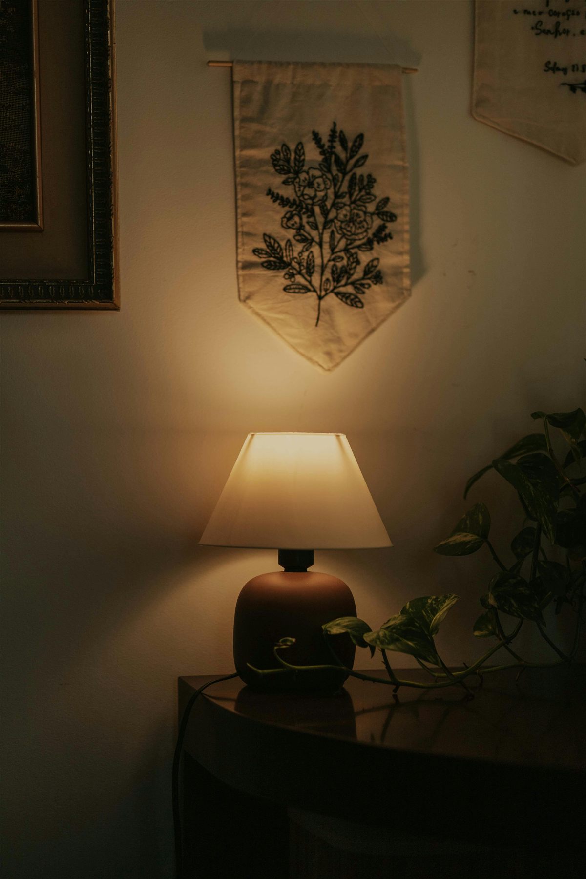 Warm lamp in a styled corner with soft evening light